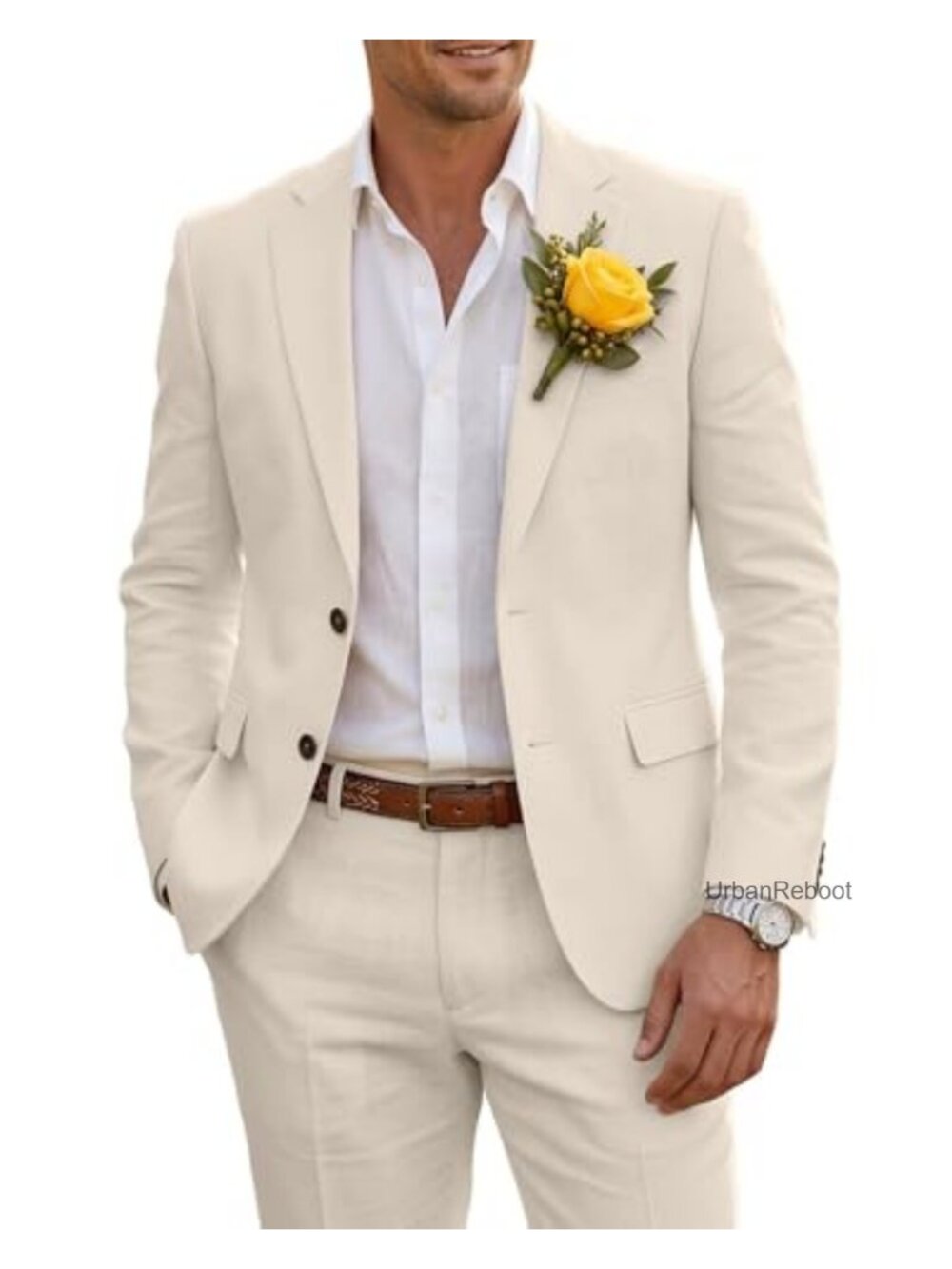Men's Slim Fit 2-Piece Suit Set Summer Beach Wedding Business Linen
